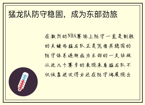 猛龙队防守稳固，成为东部劲旅